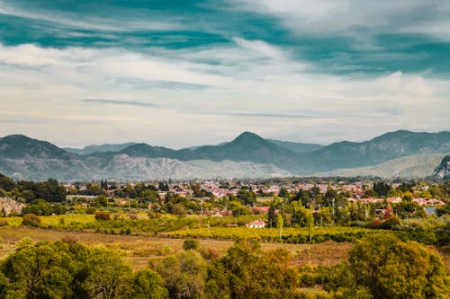 village landscape under blue sky