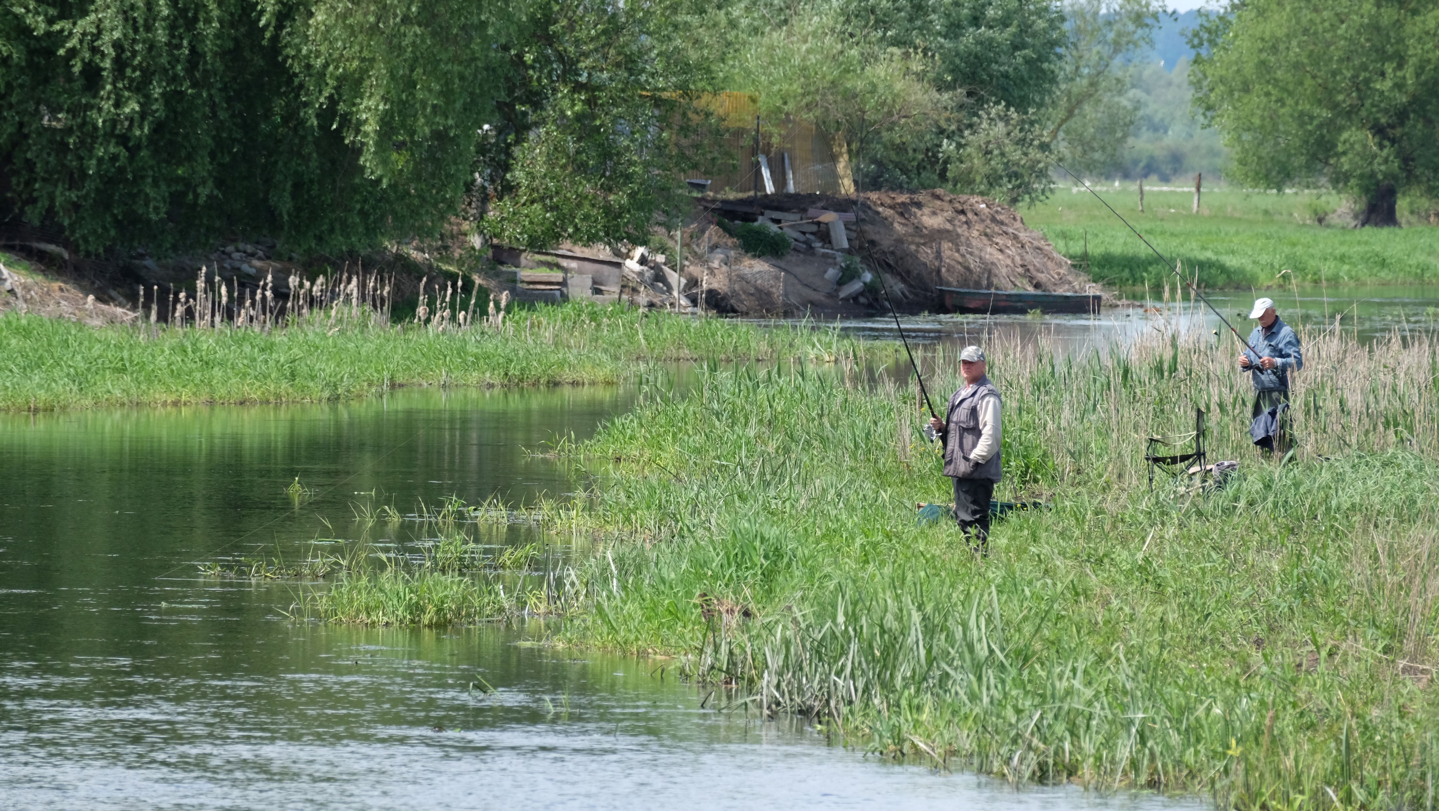 Two people fishing in a river near a grassy area · Free Stock Photo
