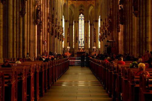 Gratis Sekelompok Orang Yang Duduk Di Bangku Katedral Foto Stok