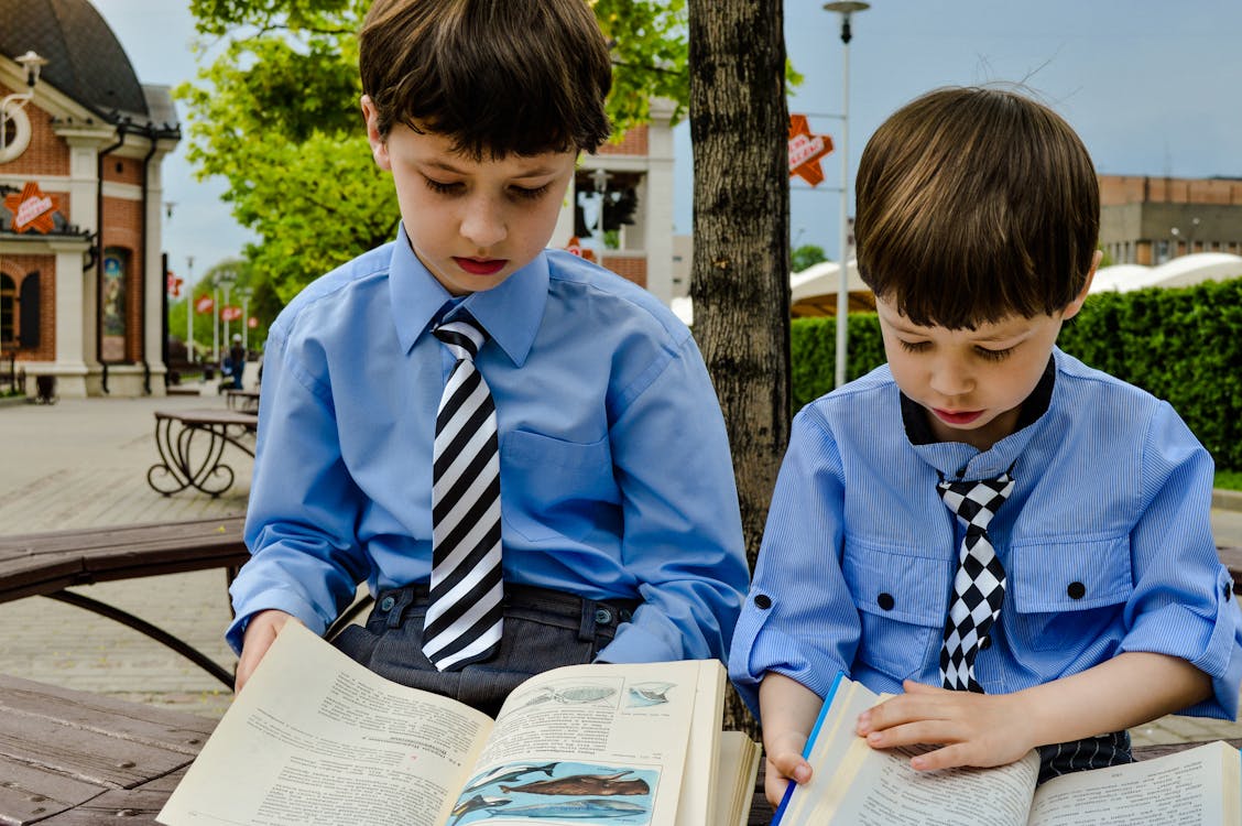 Free Boys in Blue Shirts Reading Books Stock Photo