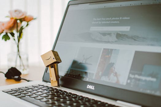 笔记本电脑键盘上站着一个小玩具人物，背景是鲜花