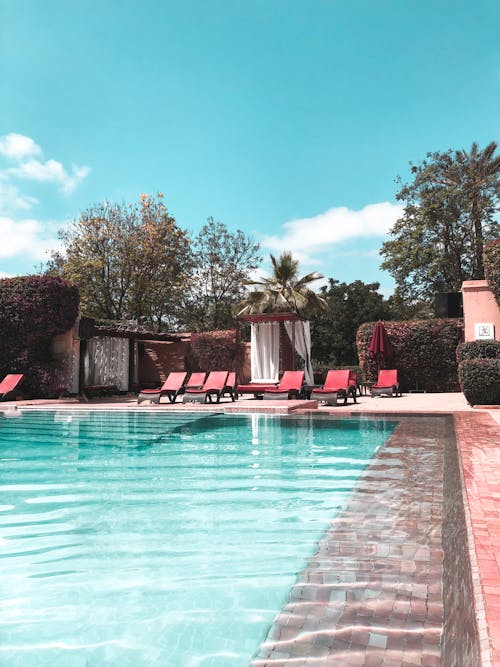 Red Outdoor Lounge Chairs Near Swimming Pool