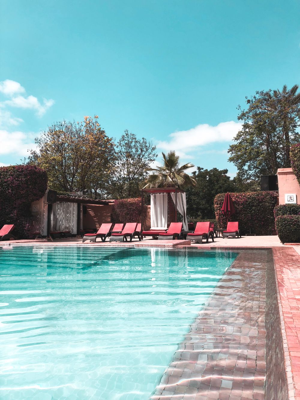 Community swimming pool surrounded by greenery and red lounge chairs