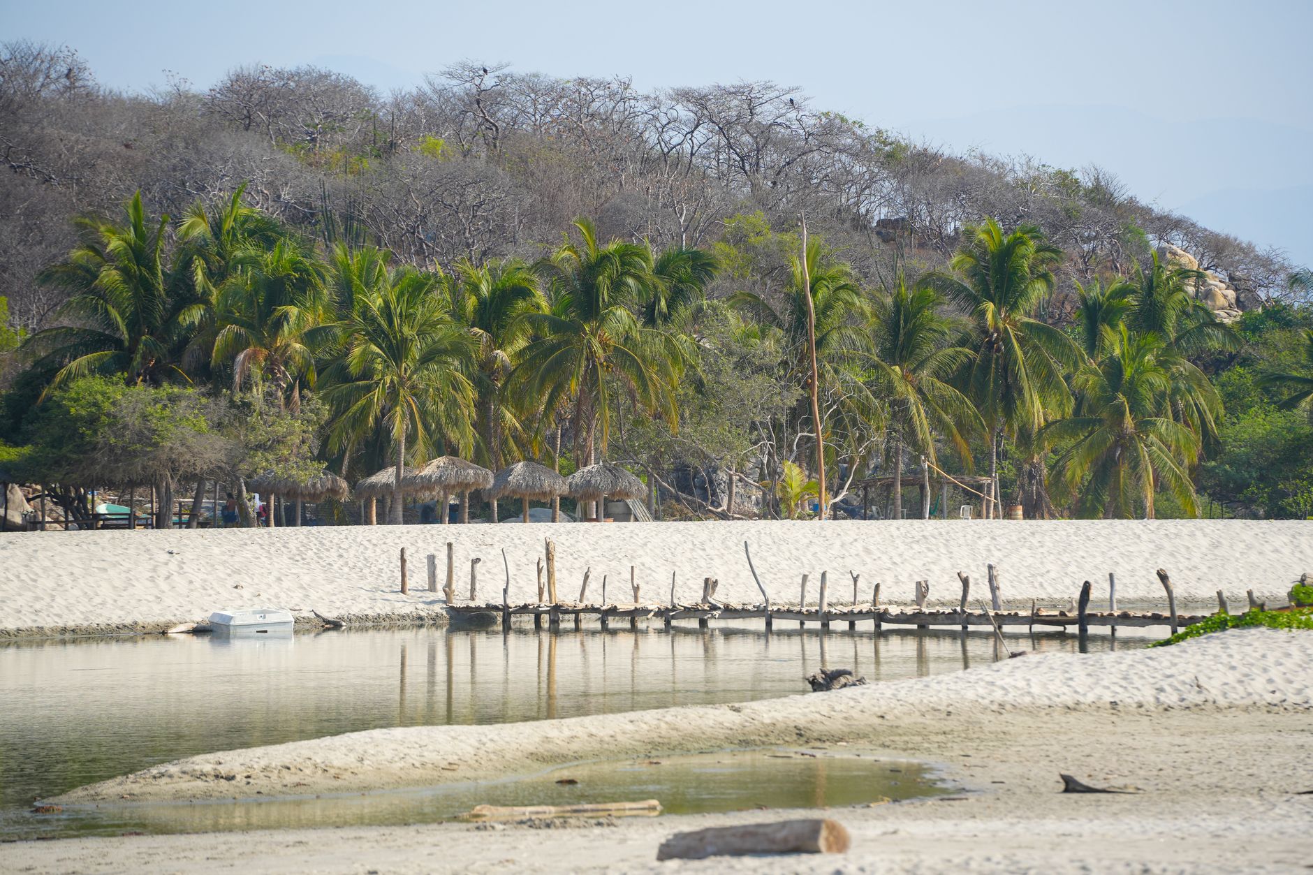 A serene tropical beach in Barra de la Cruz, Mexico featuring palm trees and a rustic footbridge.