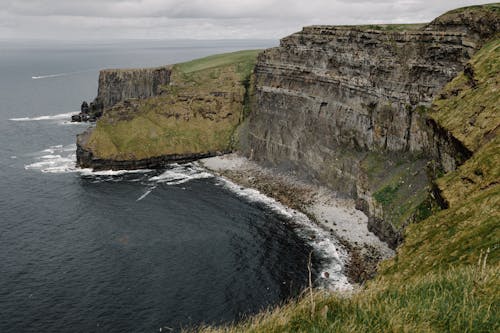 A cliff with a green grassy area and a body of water