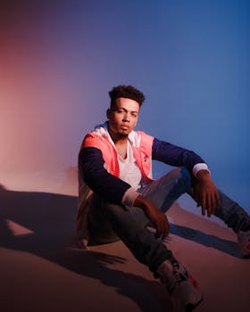 这是一幅穿着时尚服装的男模特的当代肖像，光影效果富有戏剧性