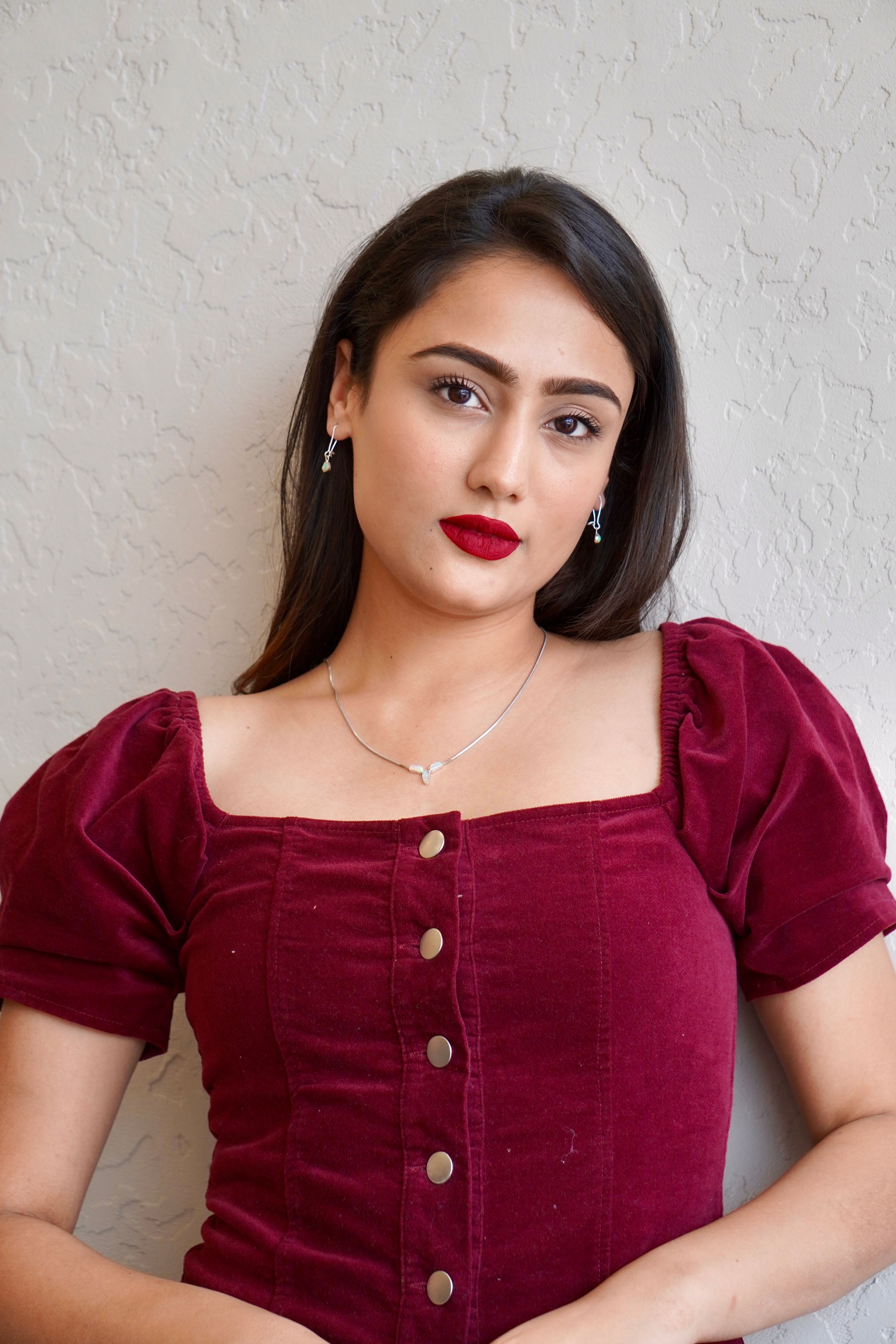 burgundy dress with red lipstick Jovana | Burgundy Hand-Embellished Crew-Neck Midi Dress With Drop Waist