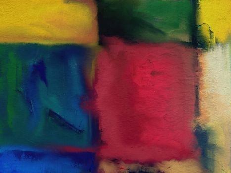A vibrant abstract artwork with red, yellow, green, blue blocks creating a colorful canvas.