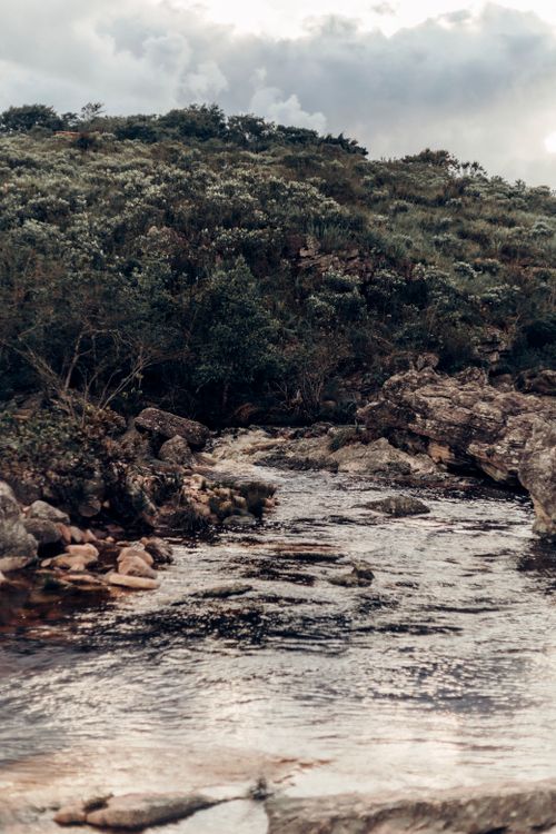 Free Scenic view of a river flowing through rocks and shrubs with hills in the background under a cloudy sky. Stock Photo
