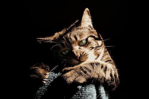 一只虎斑猫长着引人注目的绿眼睛，在戏剧性的灯光下被捕捉到，展示了它的皮毛图案