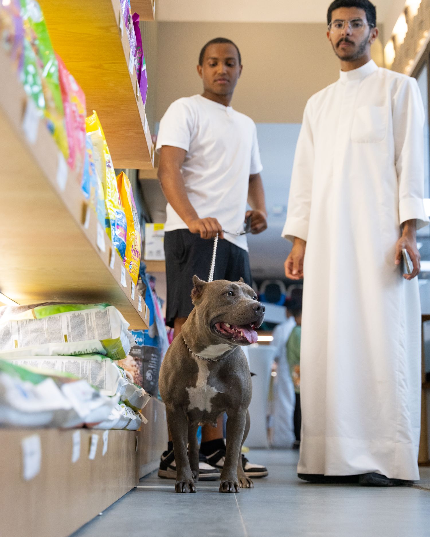 Clientes con un perro recorriendo una góndola de alimento en un pet shop