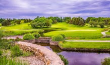 多云的天空下，宁静的乡村里，郁郁葱葱的绿色植物、池塘和充满活力的树木构成了一幅美丽的画卷