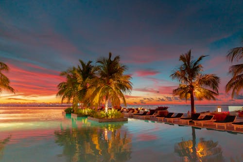 ropical Paradise at Dusk: Experience the stunning blend of fiery skies and serene waters at a luxurious Maldives resort, where palm trees are silhouetted against the vibrant sunset, and tr...