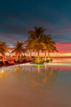 Experience ultimate relaxation by a tropical infinity pool at sunset, featuring palm trees and a vibrant sky.
