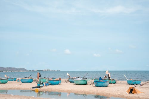 A beach with many boats on it