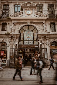 Long exposure of Cicek Pasaji showcasing bustling street life in Istanbul.