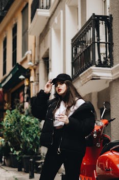 年轻女子在城市的街道旁，倚着一辆红色滑板车，展示着都市时尚