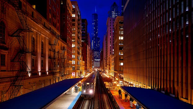 Vibrant nighttime view of a train station in the heart of Chicago's bustling cityscape.