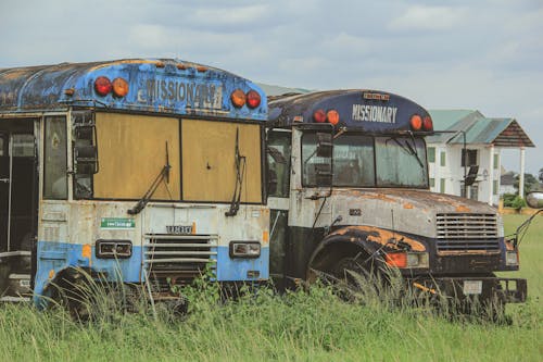 Two old buses sitting in a field with grass