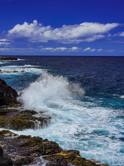 A rocky shoreline with waves crashing into the ocean