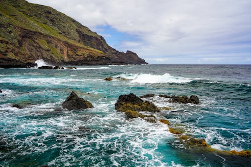 A rocky shoreline with waves crashing into the shore