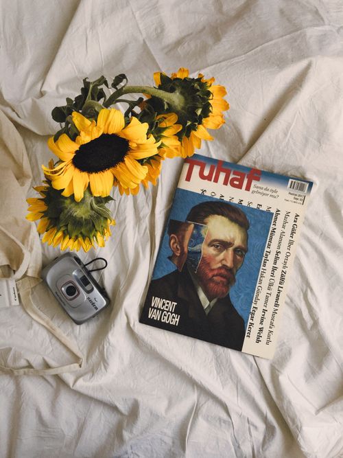 Free Artistic still life of sunflowers and magazine with Vincent Van Gogh portrait. Stock Photo