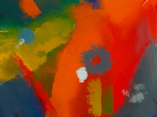An abstract painting with bright colors and a white background