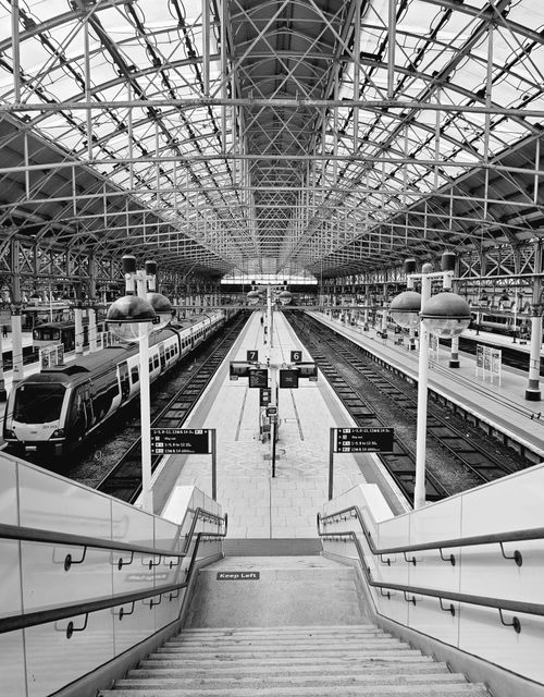 Free A striking black and white photo showing a railway station with multiple platforms and trains in England. Stock Photo
