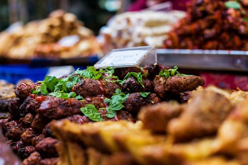 Free Food at a market with many different types of food Stock Photo
