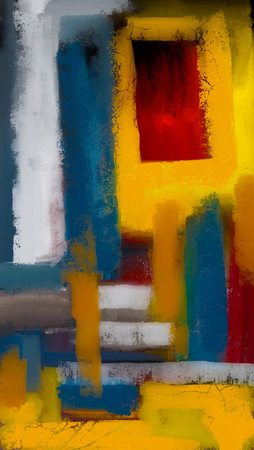 Abstract painting of a yellow, red and blue building