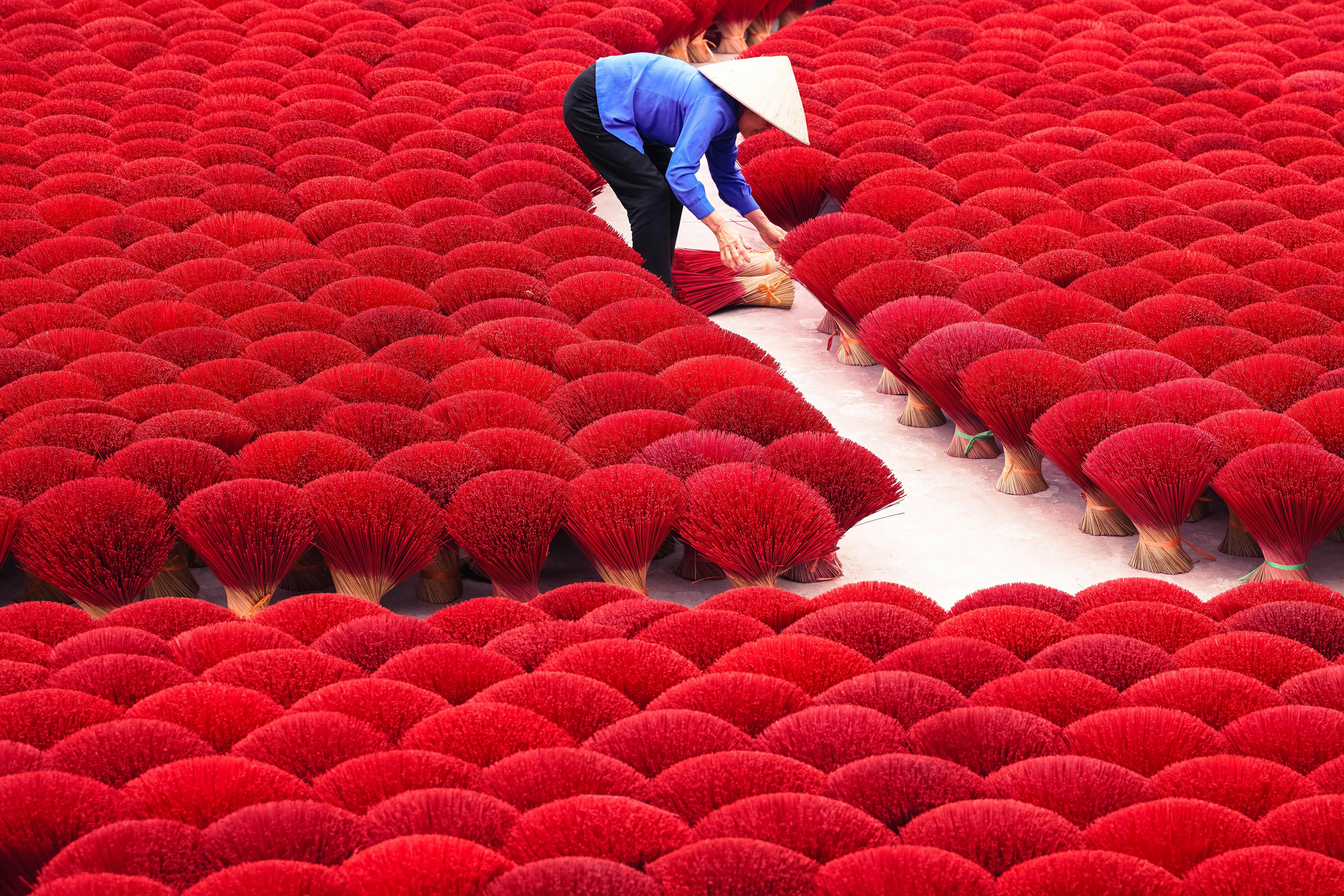 A woman in a conical hat arranges red incense bundles in a vibrant outdoor setting.