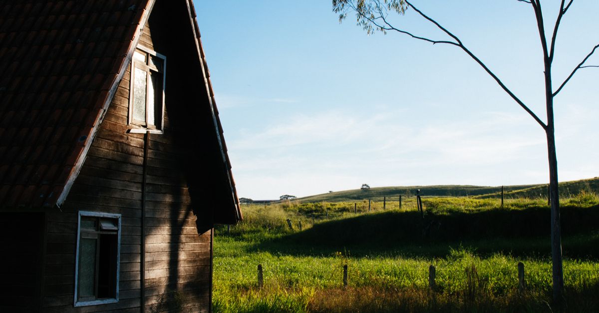 Charming rustic farmhouse in a sunny rural landscape with lush greenery.