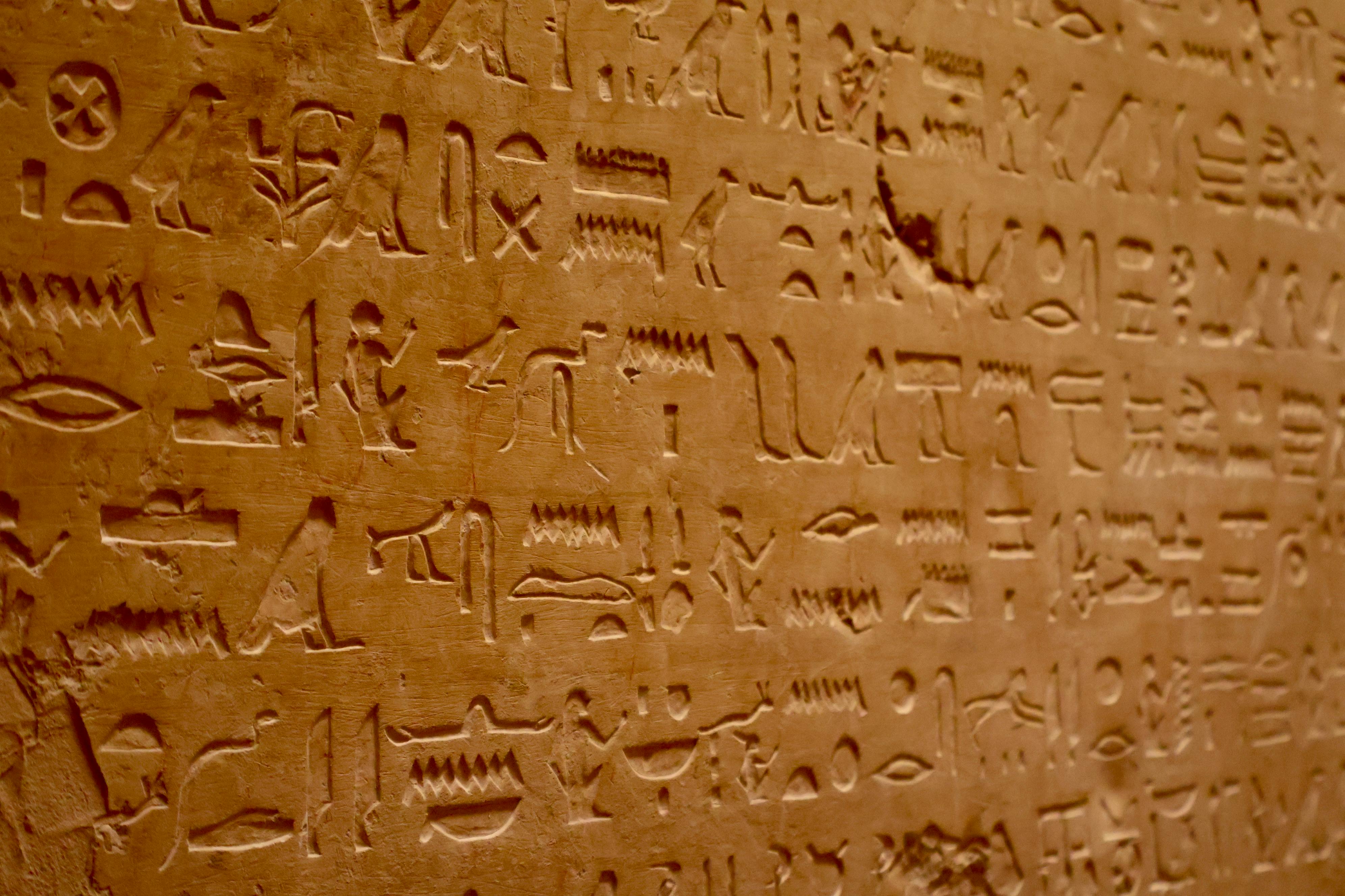 Close-up of ancient Egyptian hieroglyphs carved on a sandstone tablet displayed in a museum exhibit.