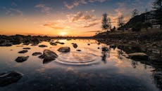 日出时分，河面宁静，波光粼粼，岩石与树木相映成趣