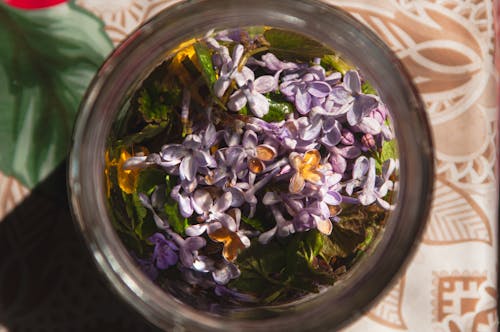 A jar filled with purple flowers and leaves