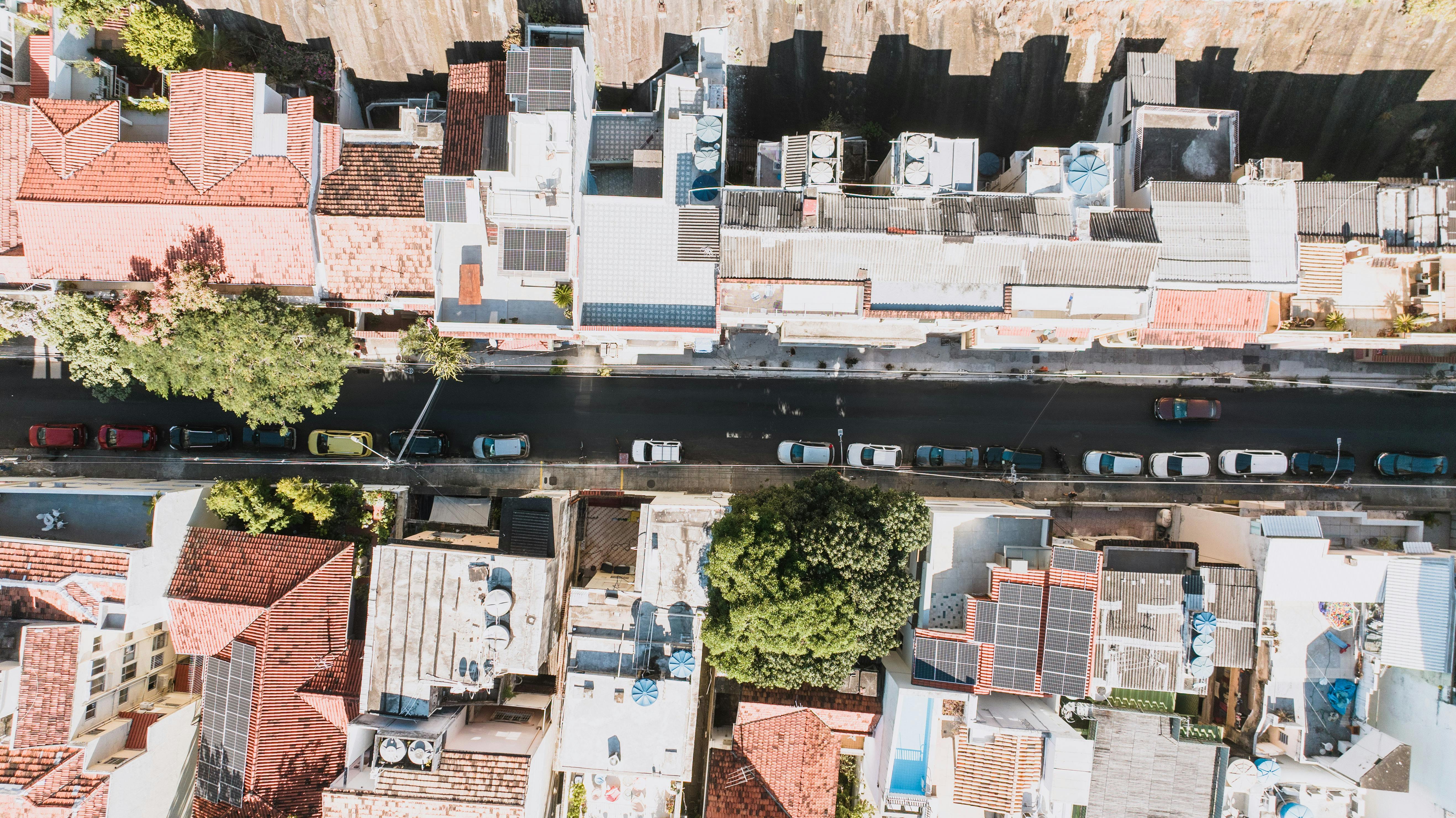 Aerial shot of a vibrant street in Rio de Janeiro, showcasing urban architecture and city life.
