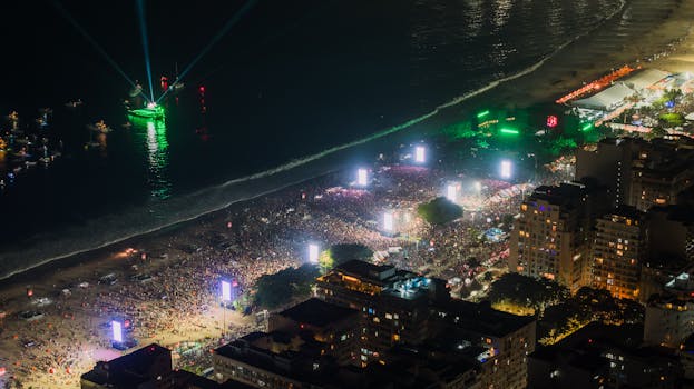 A vibrant aerial view of a nighttime celebration at Copacabana Beach, Rio de Janeiro, showcasing an illuminated crowd and beachfront.