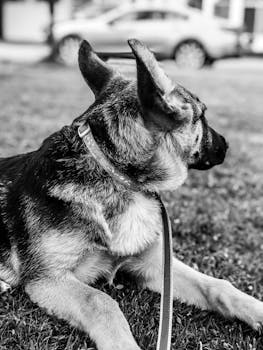 一张黑白照片里，一只德国牧羊犬被拴着皮带躺在草地上，目光移向别处