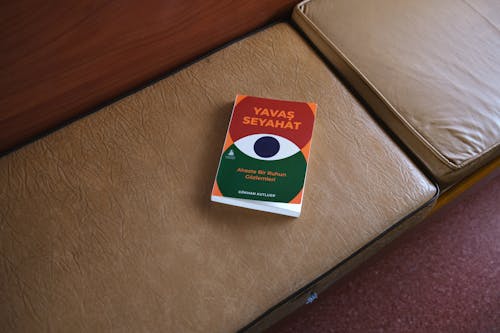 A book on a couch with an eye on it