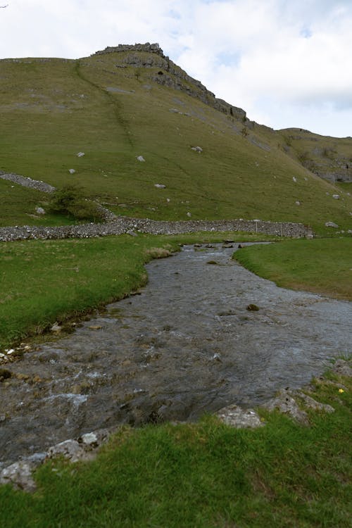 A stream runs through a grassy field next to a stone wall