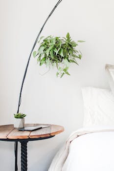 这间极简主义风格的卧室配有悬挂植物和餐桌植物，营造出宁静的氛围