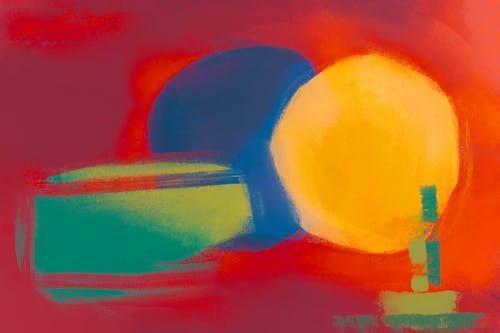 An abstract painting of a ball and a red and yellow object