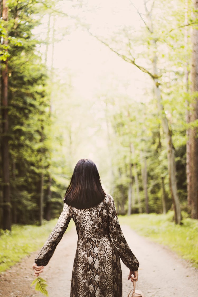 Back View Photo Of Woman Walking Along Dirt Road Between Trees Carrying Bag