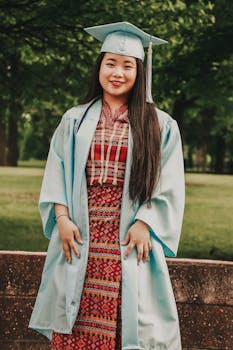 一位身穿毕业礼服、头戴毕业帽的亚洲女子，在郁郁葱葱的户外公园里微笑着摆姿势