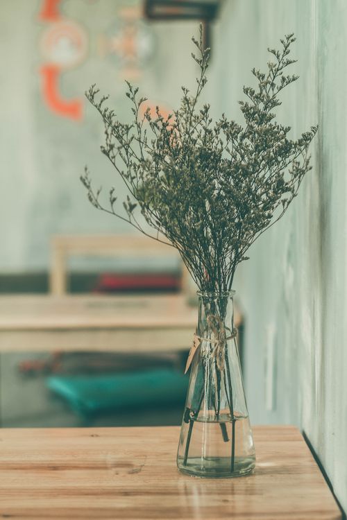 Free A minimalist interior featuring a vase of dried flowers on a wooden table in a tranquil setting. Stock Photo