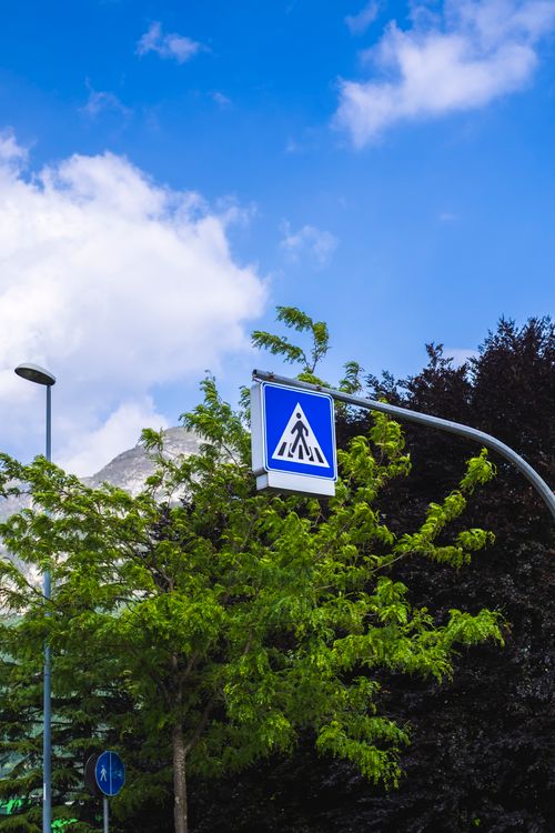 Free Pedestrian crossing sign with lush green trees and a clear blue sky in Trento, Italy. Stock Photo