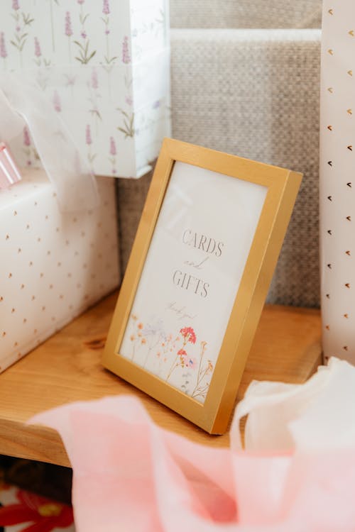 A gift box with a picture frame and a gift card