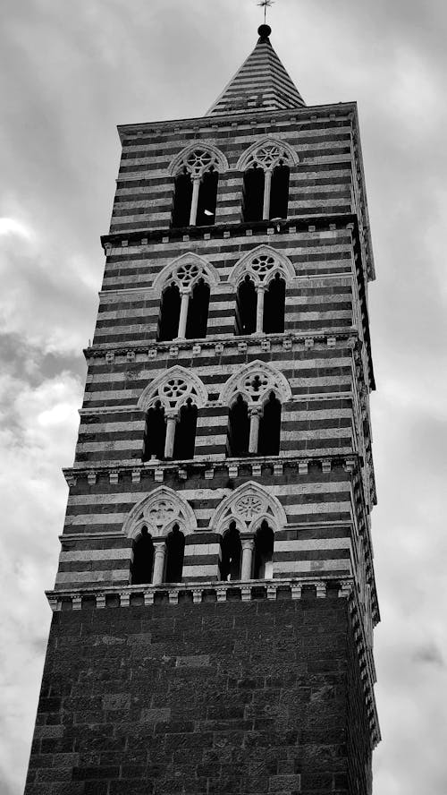 A black and white photo of a tower