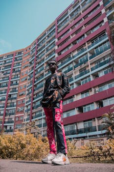 在高层建筑的背景下，一位时尚男子身着充满活力的服装，展现都市风尚
