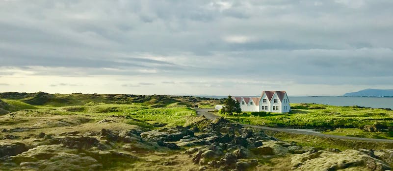 在广阔的天空下，郁郁葱葱的绿色植物和岩石景观环绕着美丽的沿海房屋